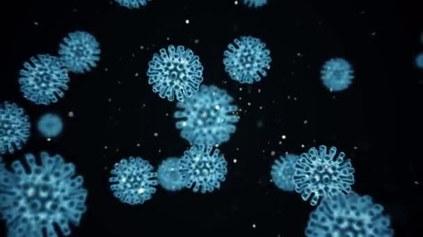 Omicron covid Pathogeen van coronavirus covid19 in besmet organisme wordt onder microscoop getoond als blauwe cellen op zwarte achtergrond. Gevaarlijke virusstammen leiden tot epidemieën. 3d destructie — Stockvideo