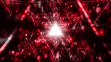 Fütürist matrisi olan Büyük Veri Dijital Tünel Üçgeni. Dijital Veri Teknolojik Tünelinde Uçmak. İkili kod parçacıkları ağı. Teknolojik ve bağlantı hareket arkaplanı UHD 4K 3d oluşturma