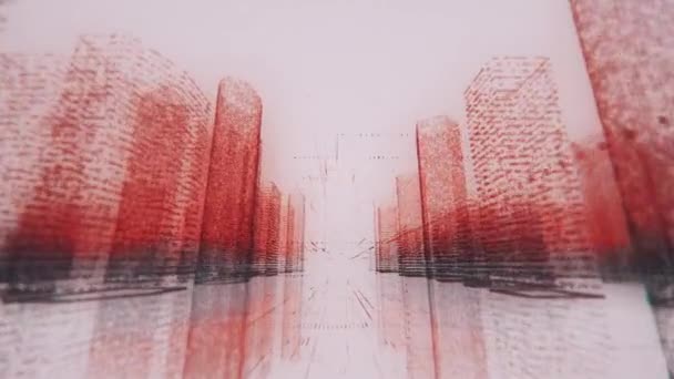 Перемещение по ярко-неоновой цифровой модели современного города из символов красного и черного цветов на белом фоне. Бизнес, связи и концепция цифровых технологий. 3D рендеринг 4k негативного видео — стоковое видео