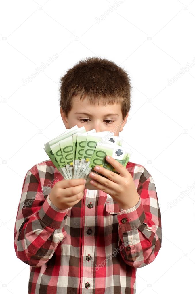 Child hidden behind money