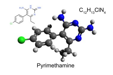 Kimyasal formül, yapısal formül ve anti mikrobik pirimetaminin 3 boyutlu top ve sopa modeli, beyaz arkaplan