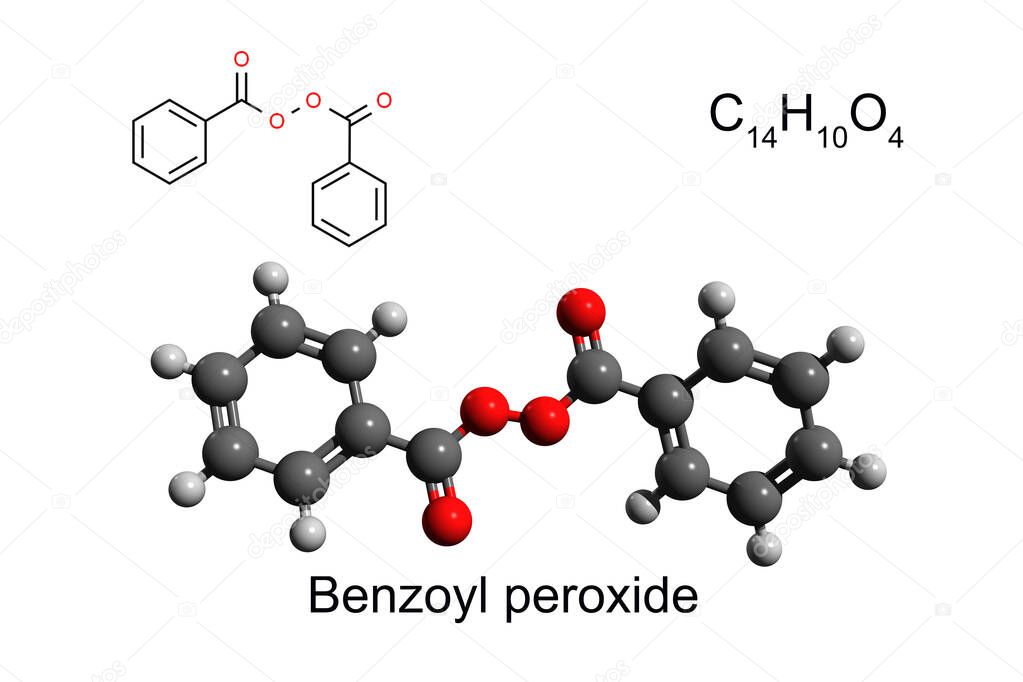 Chemical formula, structural formula and 3D ball-and-stick model of a disinfectant benzoyl peroxide, white background