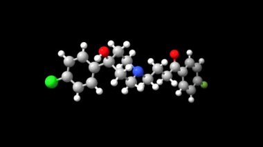 Antipsikotik ilaç haloperidol, siyah arka plan animasyon topları ve uzay çöplüğü modelleri