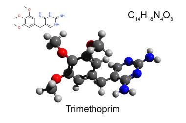 Kimyasal formül, yapısal formül ve antibiyotik trimetopedinin 3 boyutlu top ve sopa modeli, beyaz zemin
