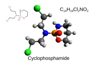 Kimyasal formül, yapısal formül ve anti kanser ve bağışıklık baskıcı ilaç siklofosfamid 'in 3 boyutlu top ve sopa modeli, beyaz arka plan.
