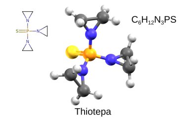 Chemical formula, structural formula and 3D ball-and-stick model of the anticancer drug thiotepa, white background clipart