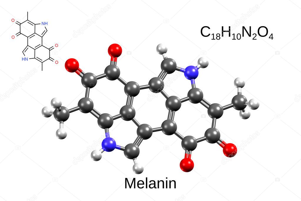 Chemical formula, skeletal formula and 3D ball-and-stick model of melanin, a natural skin pigmentwhite background