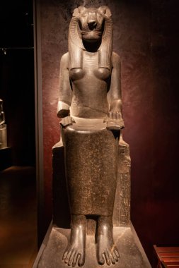 Torino, İtalya - 26 Ağustos 2009: Eski bir Mısırlı aslan başlı savaşçı tanrıça Sekhmet 'in heykeli ve Mısır Müzesi' nde iyileştirme tanrıçası.