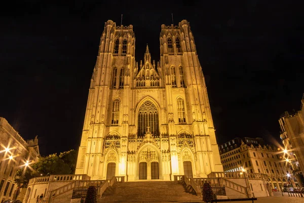 Kathedrale Michael Und Gudula Der Nacht Beleuchtet Brüssel — Stockfoto