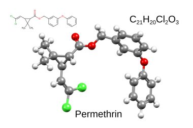 Kimyasal formül, iskelet formülü ve böcek öldürücü permetrinin 3 boyutlu top ve sopa modeli.