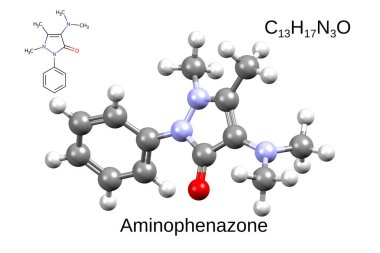 Kimyasal formül, iskelet formülü ve steroidal olmayan anti-inflamatuar ilaç aminofenazon, beyaz arka plan