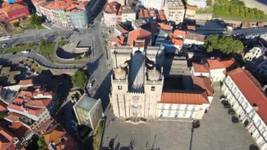 A camera drone flies over Porto Cathedral, Portugal