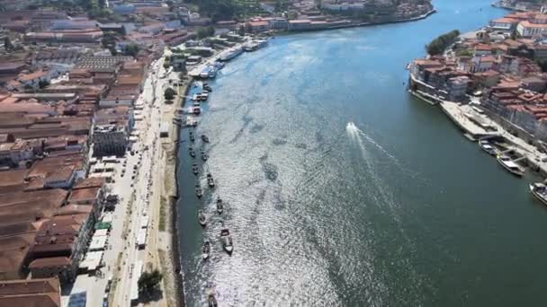 Camera Drone Flies Left Bank Douro River Porto — Stockvideo