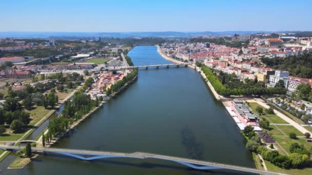 Aerial View Mondego River Pedestrian Bridge Pedro Ins Foreground Santa — Wideo stockowe