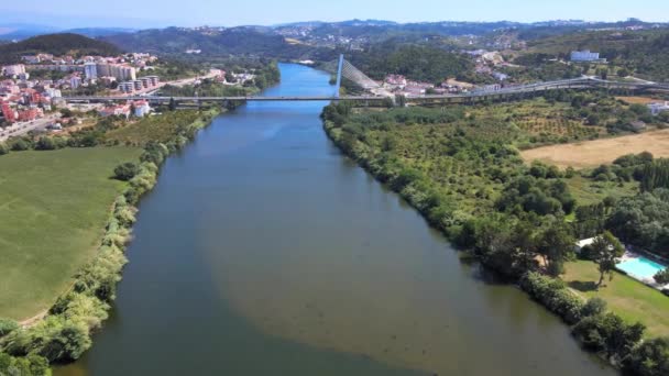 Camera Drone Flies Mondego River Rainha Santa Isabel Bridge Portuguese — Wideo stockowe