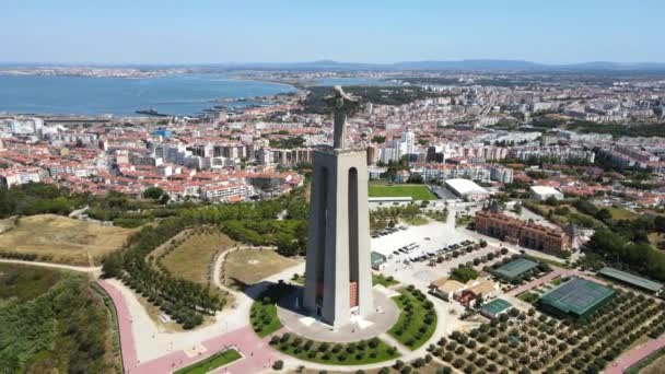 Lisbon Portugal July 2022 Camera Drone Flies Sanctuary Christ King — Stockvideo