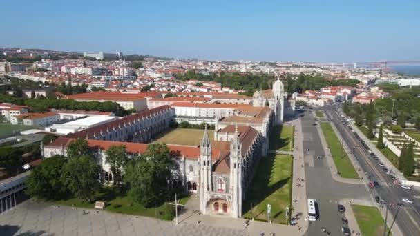Camera Drone Flies Forward Jernimos Monastery Maritime Museum Lisbon Portugal — Stockvideo