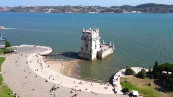 Camera Drone Flies Belem Tower Lisbon Portugal — Stok Video