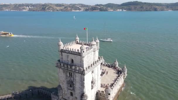 Camera Drone Flies Belem Tower Lisbon Portugal — Video