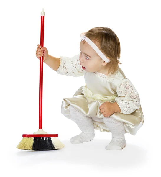 Sweeping Girl isolated on white — Stock Photo, Image