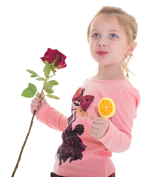 Krásná dívka s červenou růží — Stock fotografie