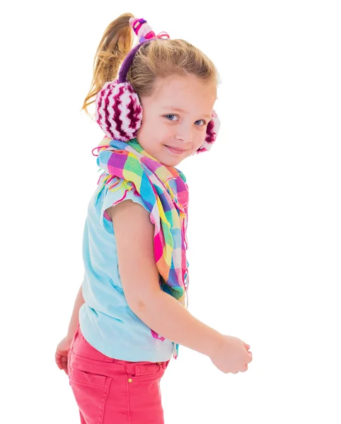 The girl in warm earphones — Stock Photo, Image