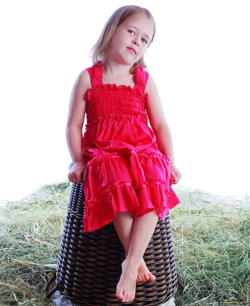 Girl on a wicker basket — Stock Photo, Image