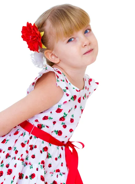 Affascinante bambina con rosa rossa in capelli intrecciati — Foto Stock