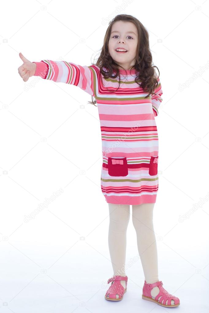 happy child girl with hands thumbs up