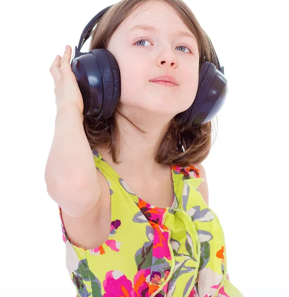 Music little girl in headphones — Stock Photo, Image