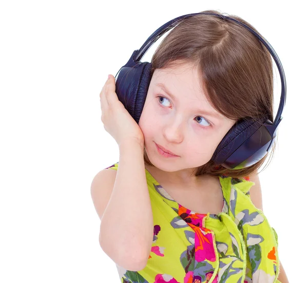 Music little girl in headphones — Stock Photo, Image