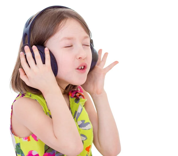 Music little girl in headphones — Stock Photo, Image