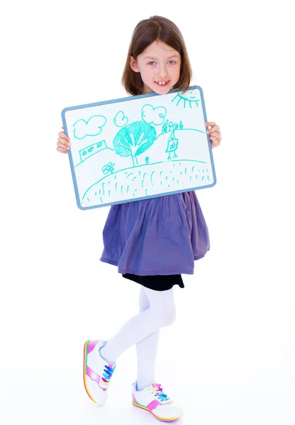 Girl showing her drawing — Stock Photo, Image