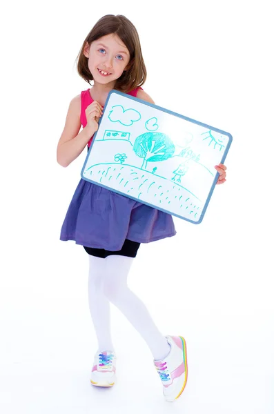 Girl showing her drawing — Stock Photo, Image