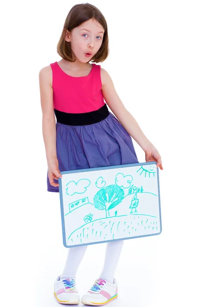 Girl showing her drawing — Stock Photo, Image