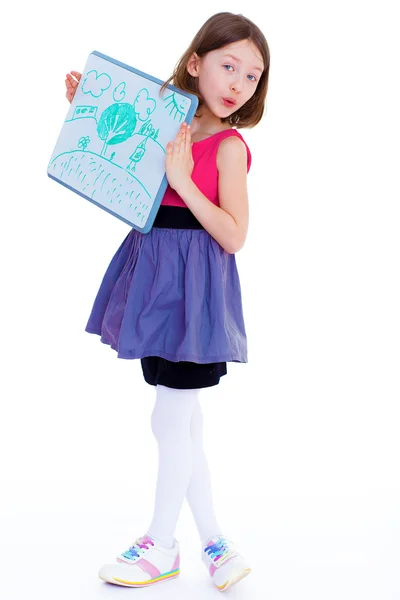 Girl showing her drawing — Stock Photo, Image