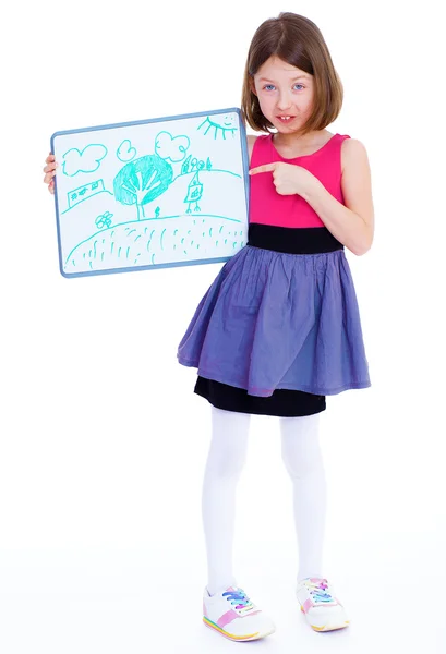 Mädchen zeigt ihre Zeichnung — Stockfoto