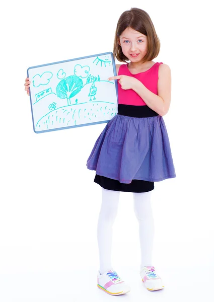 Schoolmeisje meisje met de Tablet PC toont zijn tekening. — Stockfoto