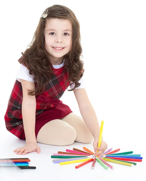 Child girl drawing with colourful pencils — Stock Photo, Image