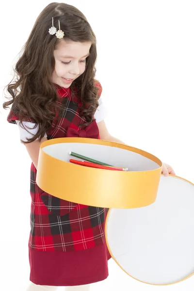 Young girl with big round box. — Stock Photo, Image