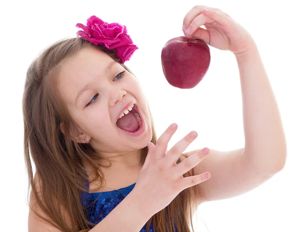 Kız, moda, elma ve gül — Stok fotoğraf