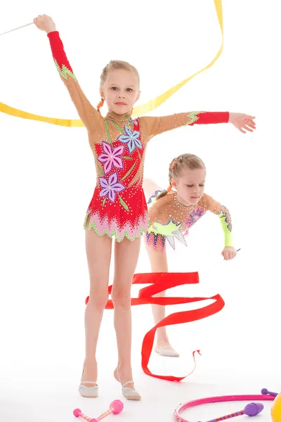 Adorable twin girls gymnasts. — Stock Photo, Image