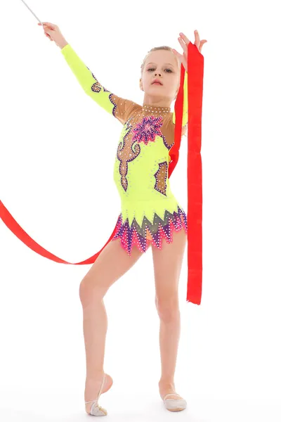 Girl gymnast with ribbon. — Stock Photo, Image