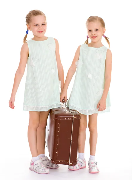 Twin sisters with a big old suitcase. — Stock Photo, Image