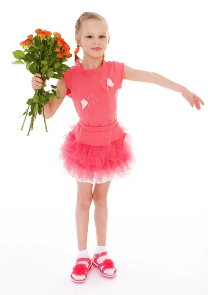 Happy little girl with rose in red clothes — Stock Photo, Image