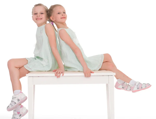 开心的可爱姐妹坐在一张椅子上. — 图库照片