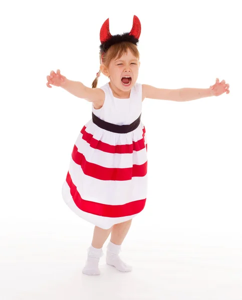 A young girl wearing the head horns. — Stock Photo, Image