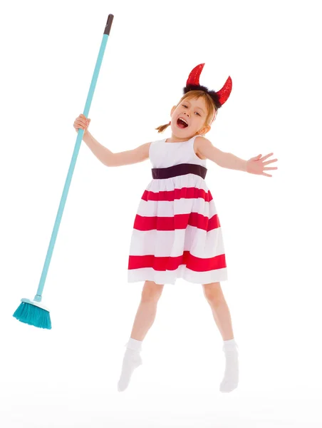 A young girl wearing the head horns. — Stock Photo, Image