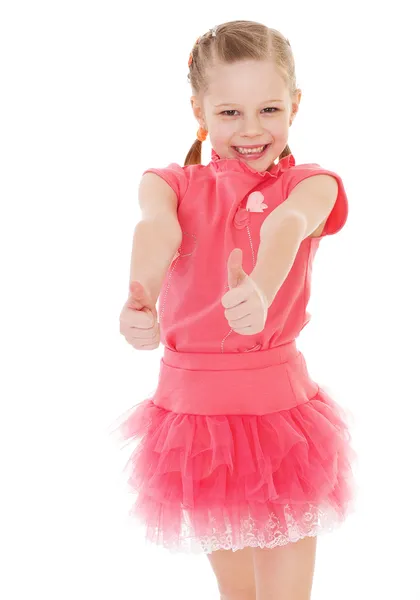 Menina criança feliz com as mãos polegares para cima — Fotografia de Stock
