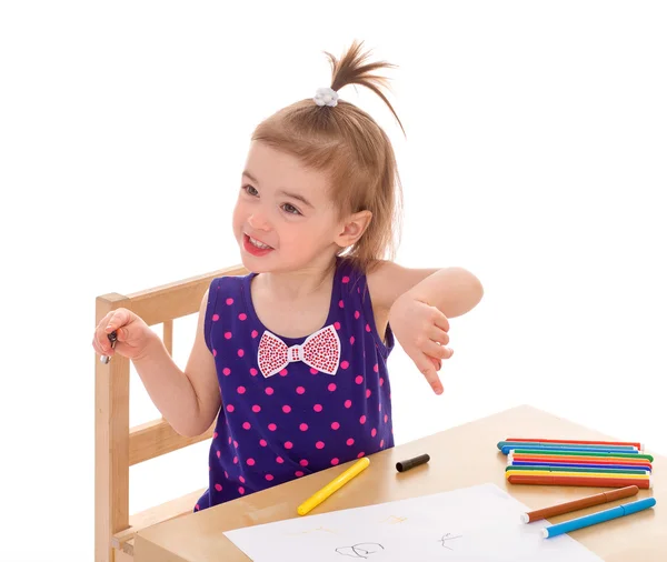 Little girl with paints at the table. — Stock Photo, Image